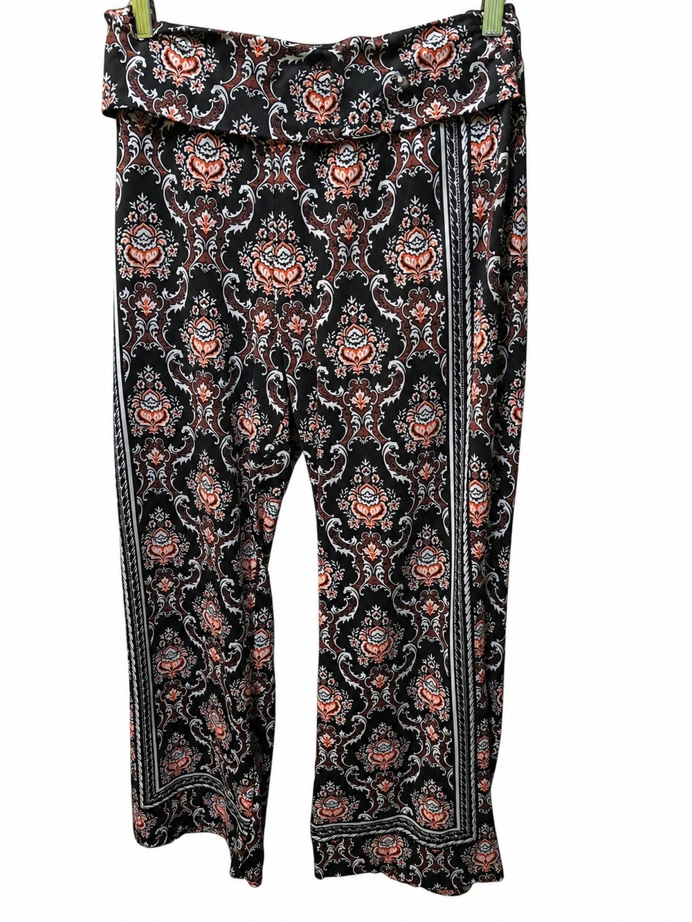 Robert Louis Black Wide-Leg Pants with Coral Floral Medallion Print